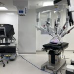 The robotic surgery system in an operating theatre at Lincoln County Hospital.